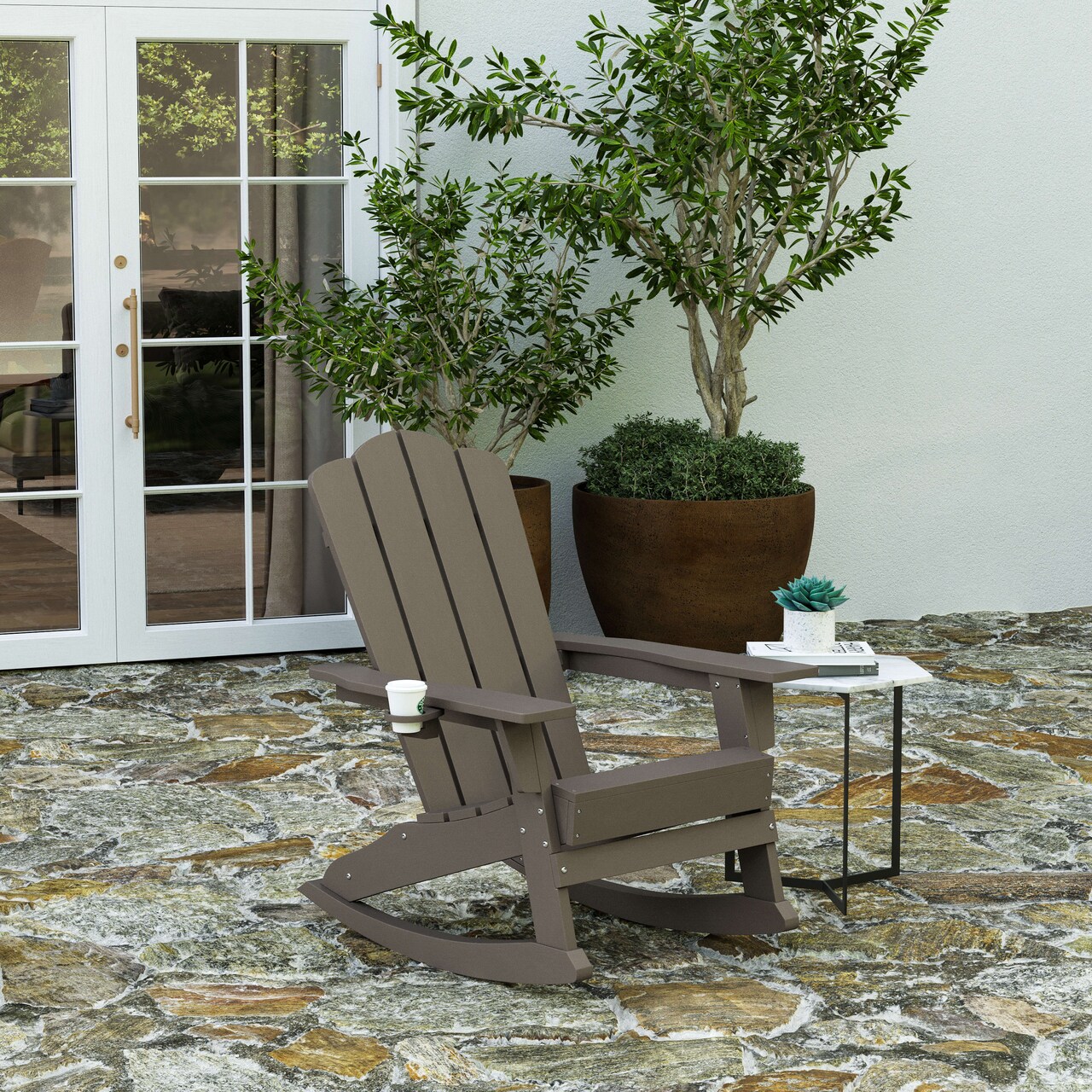 Merrick Lane Nassau Adirondack Rocking Chair with Cup Holder, All-Weather HDPE Indoor/Outdoor Chair